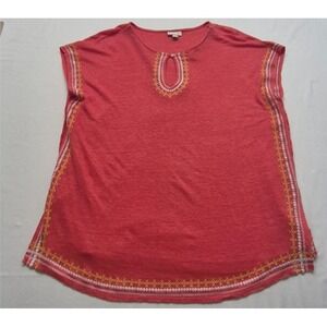 J. Jill Love Linen Top women's Small Coral Pink Embroidered Keyhole Neck Tunic